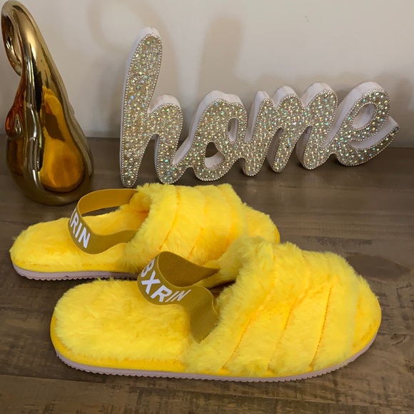 Shoes - Ubxrin Fluffy Yellow Slipper With Heel Strap